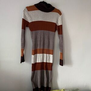 Almost Famous Striped Rib-Knit Turtleneck Dress in Brown, Cream & Rust